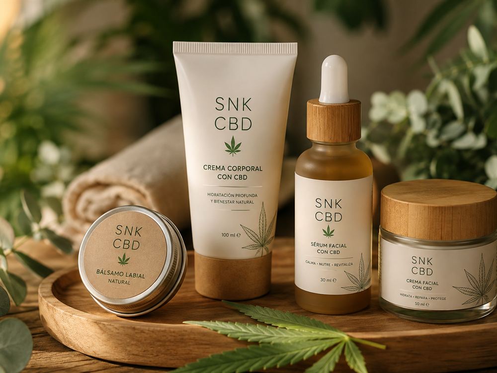 Crema corporal, sérum facial, crema facial y bálsamo labial con CBD de SNK CBD sobre una bandeja de madera, entre hojas de eucalipto