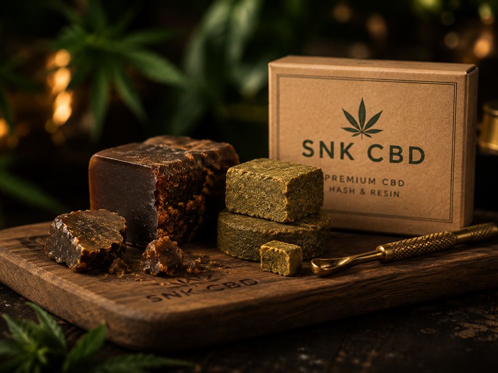 Bloques y trozos de resina y hachís de CBD sobre una tabla de madera, junto a una caja de cartón kraft de SNK CBD
