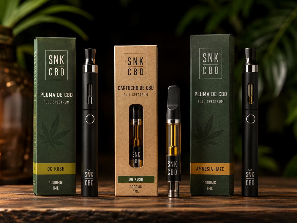 Dos plumas de CBD de SNK CBD junto a un cartucho y sus cajas verdes y kraft, sobre una mesa de madera