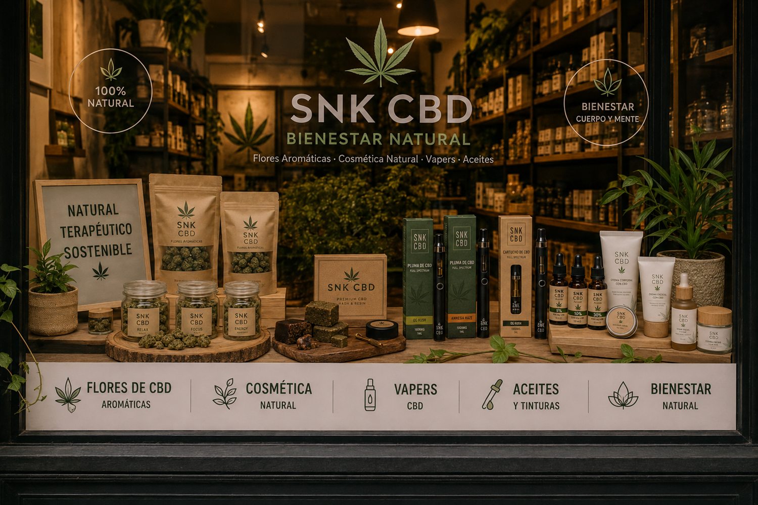 Escaparate de SNK CBD: tarros de flores, resinas, plumas y cartuchos de CBD, aceites y cosmética ordenados sobre bandejas de madera, con estanterías al fondo